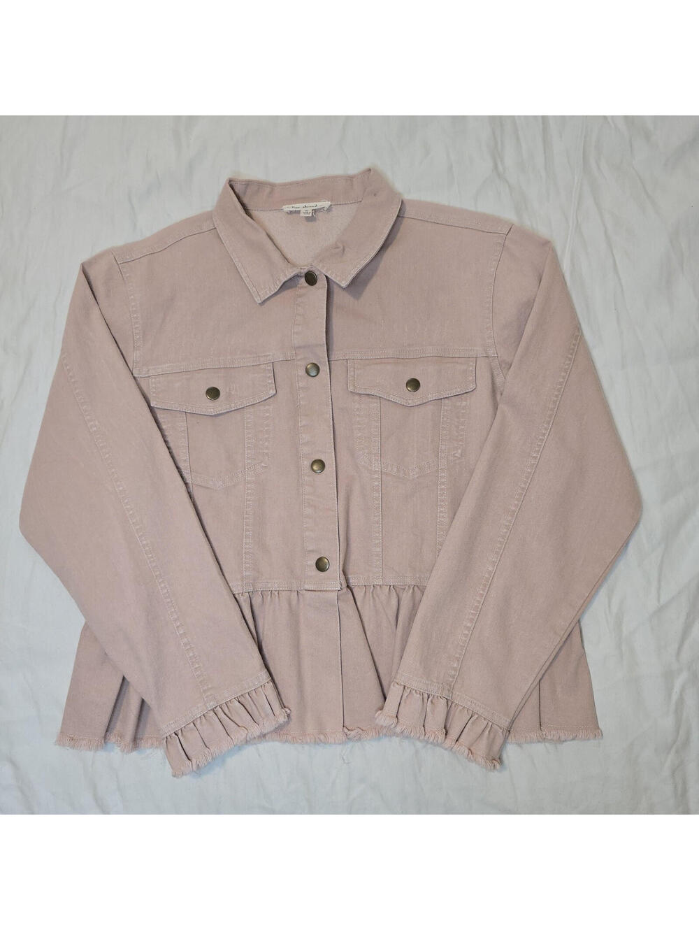 Indigo Thread Co. Pastel Pink Denim Jacket XL Peplum Hem Ruffled Cuffs Soft Girl
